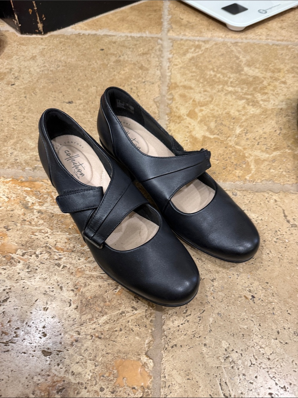 Clarks Women’s Black Leather Mary Jane Flats with Cross Strap